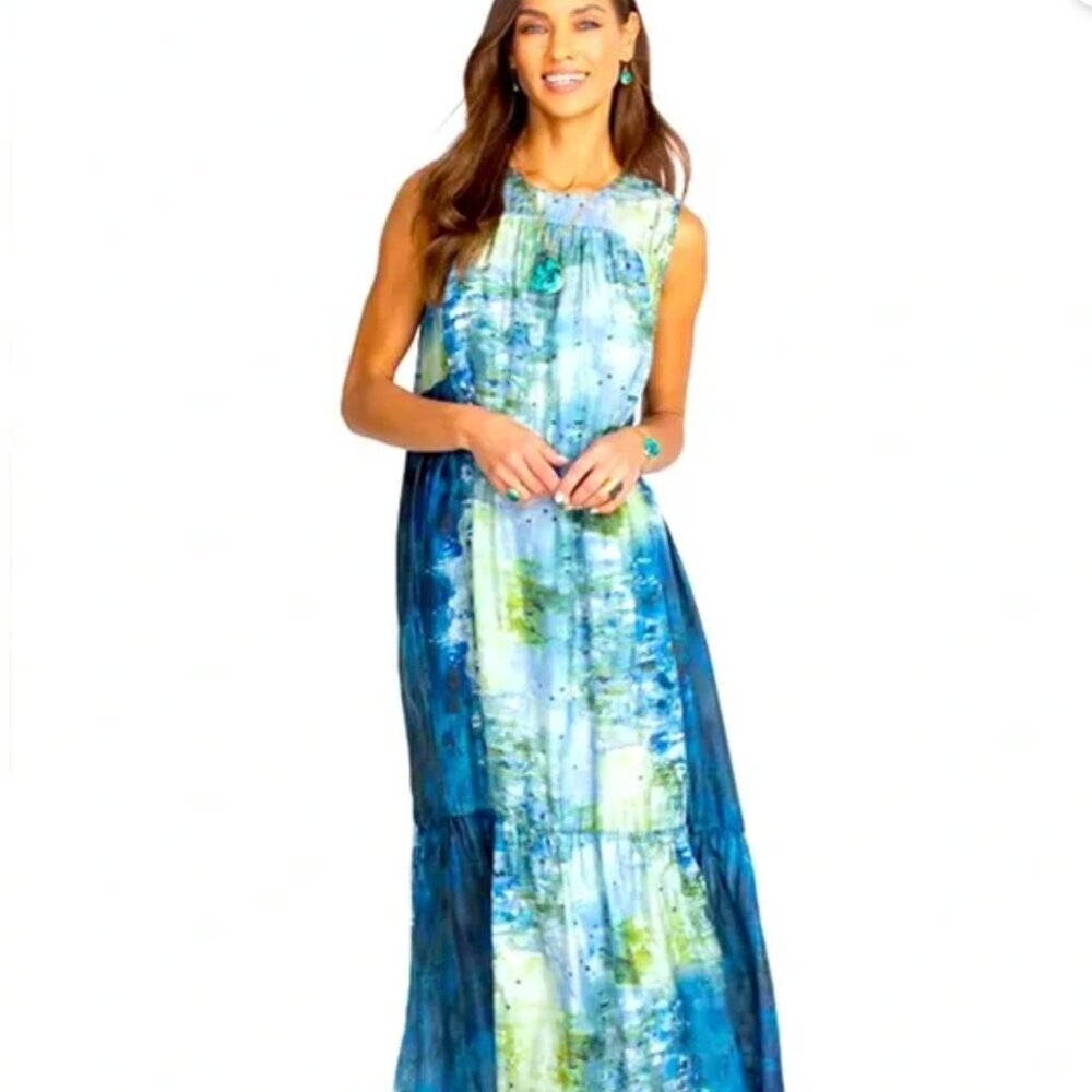 M 100% Silk Shirred Flowy Watercolor Dress/Gown Johnny Was Pete & Greta Gimova